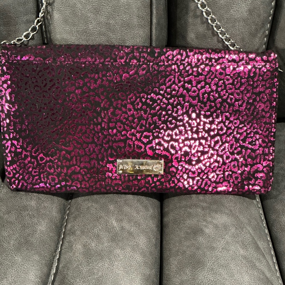 Betsey Johnson Fuchsia Embossed Clutch with Silver Chain - Picture 3 of 4